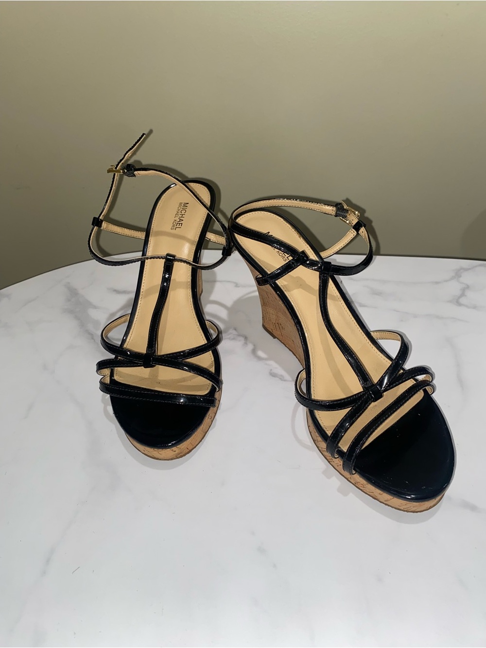 Michael Kors Black Patent Strappy Cork Wedge Sandals Women’s Size 9